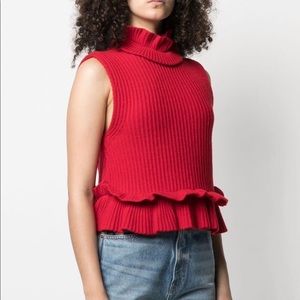 GANNI Ruffled Sleeveless Rib Knit Sweater Small